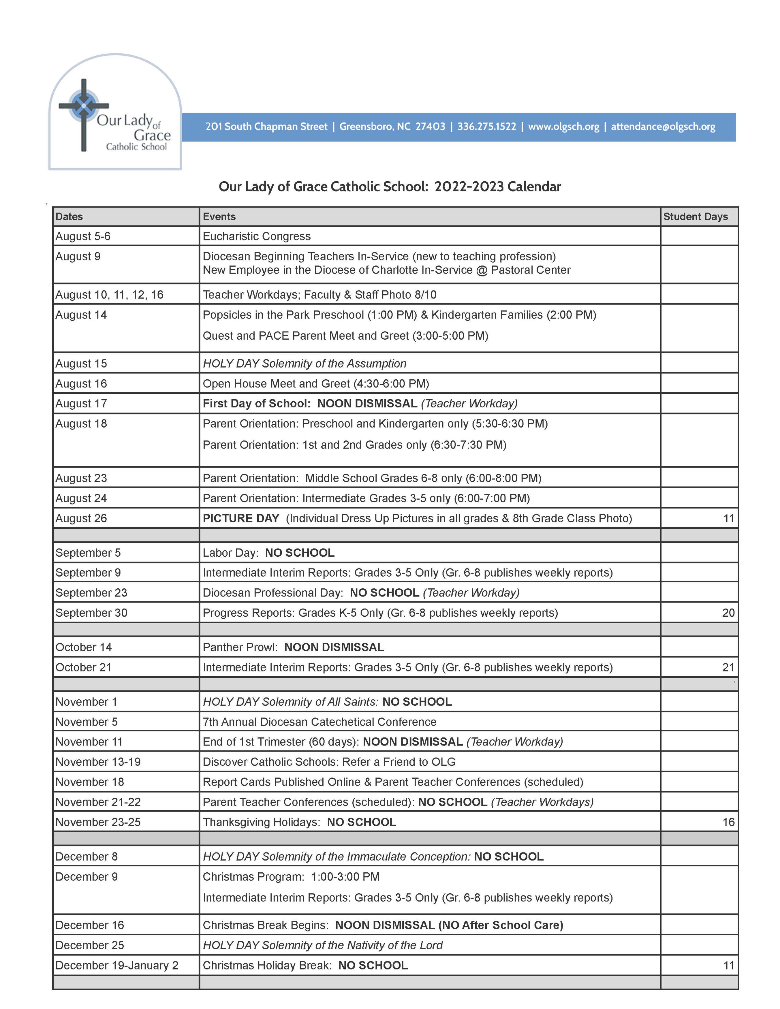 School Calendar Our Lady of Grace Catholic School